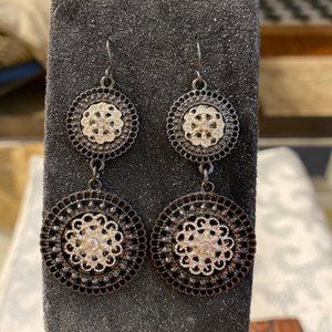 Silver & Black Scroll Double Medallion Pierced Dangle Drop Earrings.